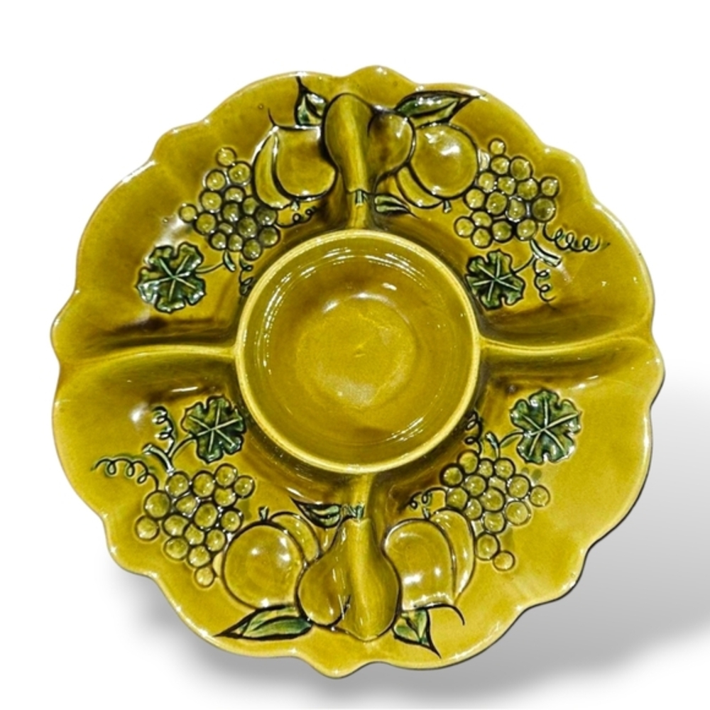 Vtg California Pottery Chip & Dip Set Avocado Green Fruit Grapes Pears 15" 2013